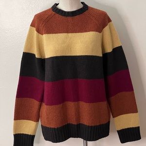 Chunky Block-Stripped Orange, Yellow, and Brown Wool Sweater